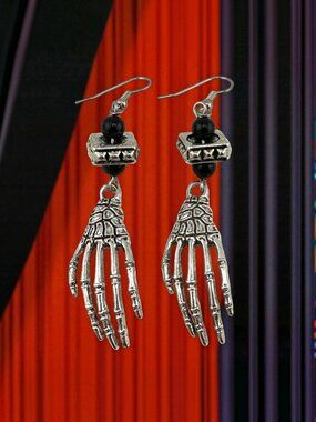 Skeleton Hand Goth Earrings Black Beaded Stainless Steel Dangle 3"